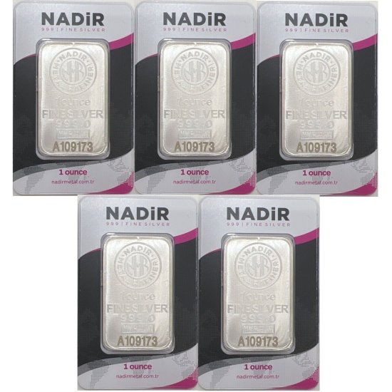 (image for) Lot of 5 - 1 oz .999 Fine Silver Bar – Nadir Refinery (with Assay)