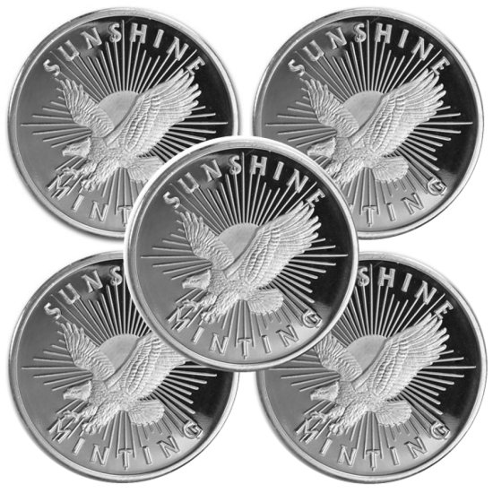 Lot of 5 1 oz Silver Sunshine Mint Round 999 Fine Silver 5 RND